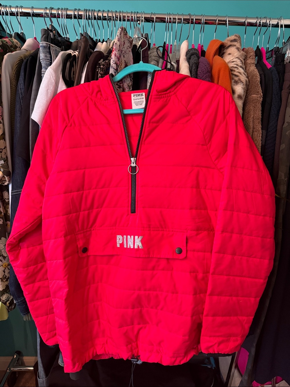 PINK Victoria's Secret Hot Pink Quilted Hooded Pullover Puffer Jacket
